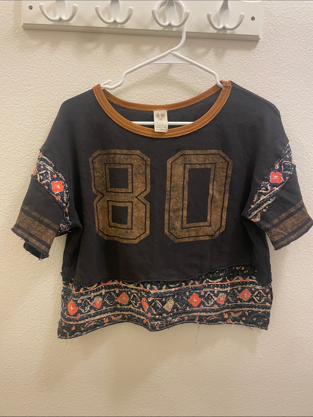 We The Free Black Cropped Tee with Rust Trim and Patterned Hem